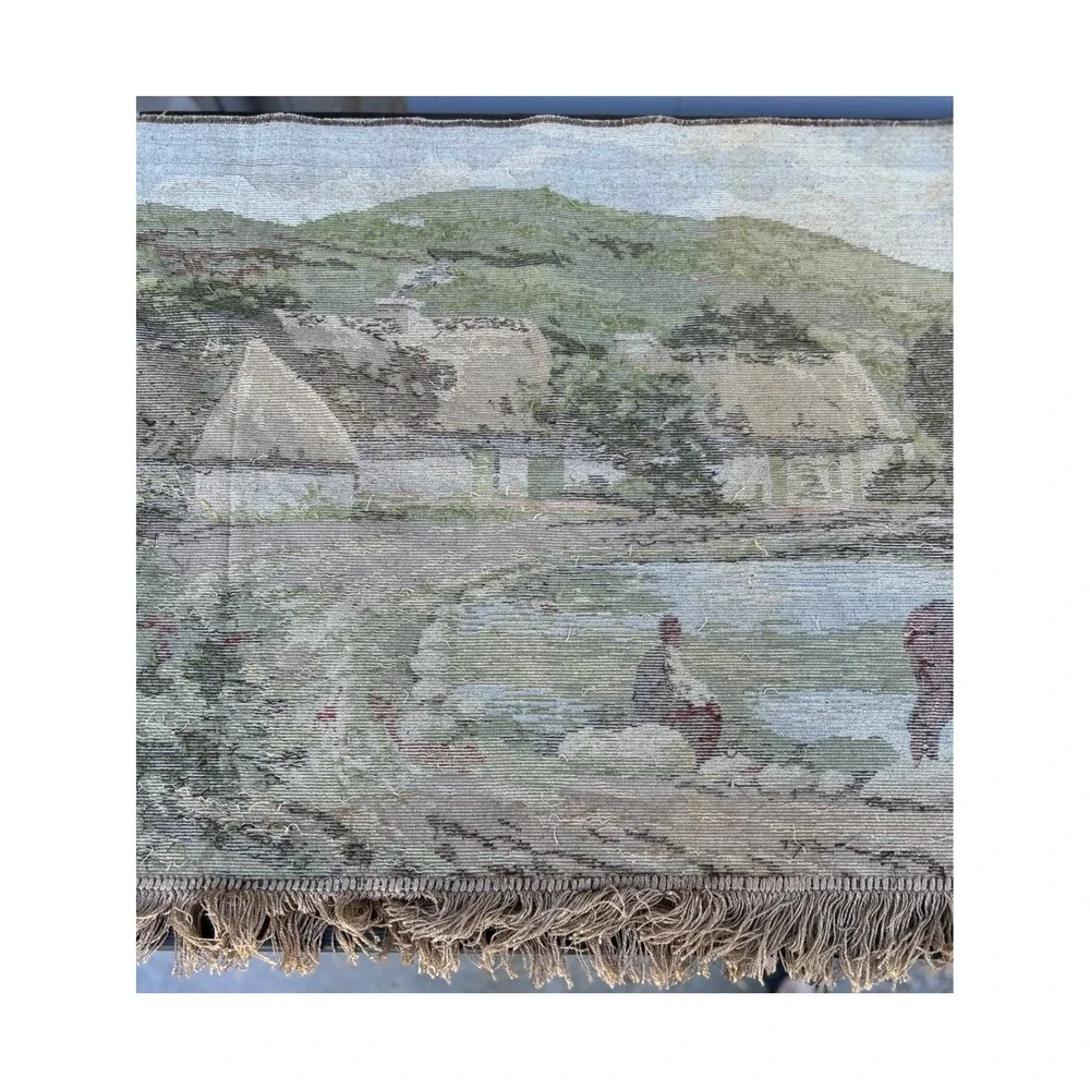 Vintage Scenic Tapestry Wall Hanging Cows River‎ Thatch Roof Cottages Fringe